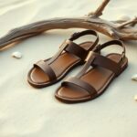 A pair of brown leather sandals lies on sandy ground, surrounded by scattered white seashells and a piece of driftwood. The scene suggests a beach setting.