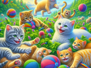 Cats joyfully playing in a lush catnip field with colorful toys, laughter echoing in the air.