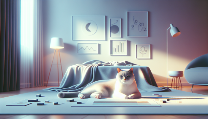 A serene cat lying comfortably in a softly lit room, showing subtle signs of contentment and solitude.