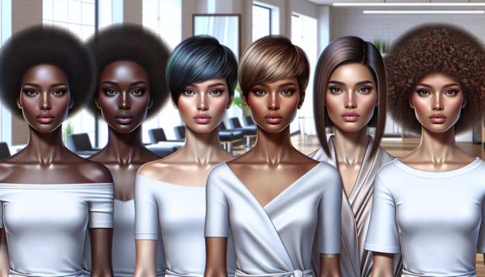 Women showcasing short hairstyles tailored to their unique face shapes in a modern salon setting.
