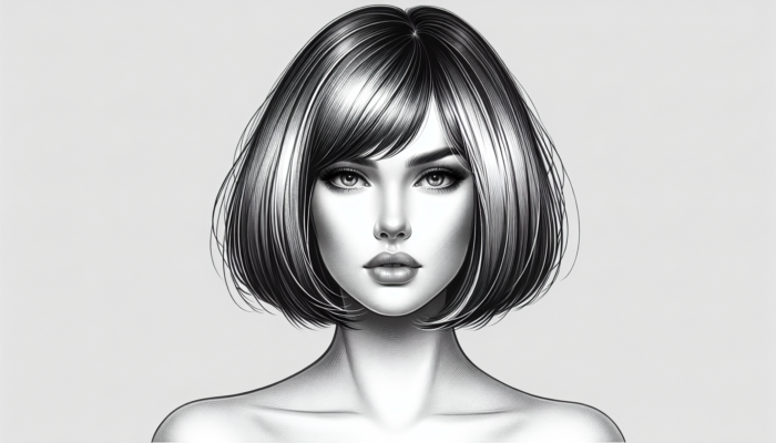 Woman with an oval face, sporting a blunt bob with sharp lines, chic modern vibe, subtle layers, and side-swept bangs.
