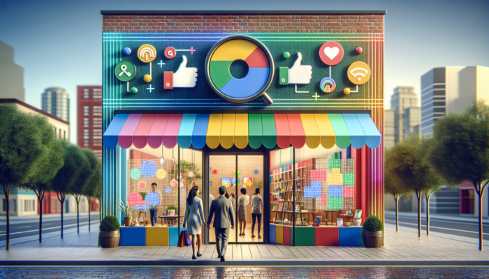 A vibrant digital storefront with a clear Google Business description, attracting diverse customers in an urban setting.
