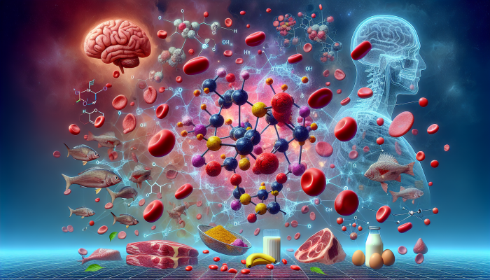 Illustration of Vitamin B12 molecules, highlighting its significance in the brain, nervous system, red blood cells, and dietary sources in Ilkeston.