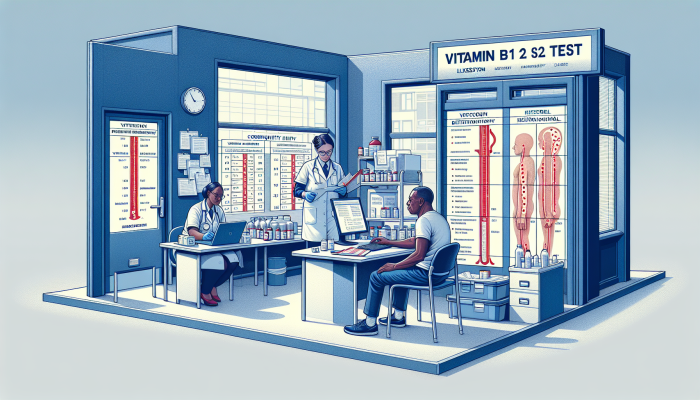 Illustration depicting stages of Vitamin B12 testing in Ilkeston clinic, showcasing deficiency effects from anaemia to neurological damage.