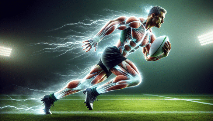 Rugby player sprinting with enhanced energy
