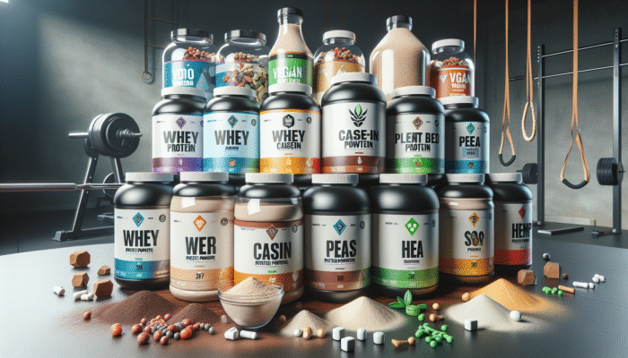 Variety of protein powders displayed on a table: whey, casein, plant-based options, alongside gym equipment, and vegan symbols.
