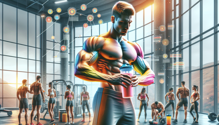 Athletes in a modern gym enjoying colorful protein shakes, demonstrating muscle growth and recovery after workouts.