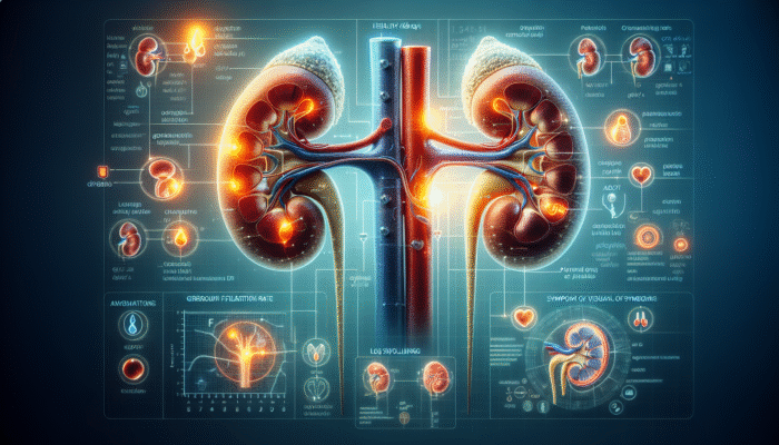 Illustration depicting kidney health indicators such as GFR, creatinine, urine protein, and symptoms including fatigue, leg swelling, and changes in urination patterns.
