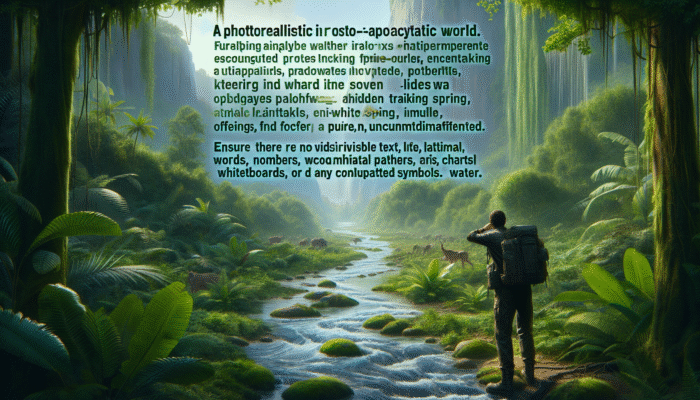 Person navigating a collapsed society, locating a fast-flowing stream in a forest by following animal trails to discover an underground spring.