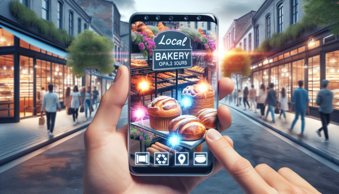 A local bakery's Google My Business profile on a smartphone, showcasing pastries, hours, and reviews, in a vibrant street setting.