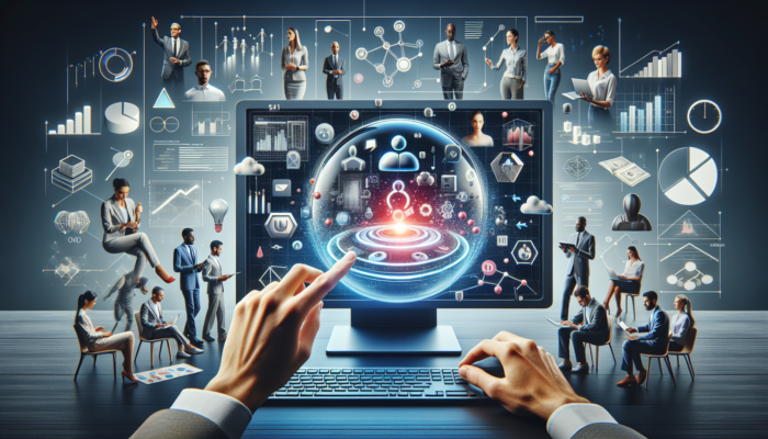 A digital workspace with Google My Business on the screen, showcasing experts collaborating on online visibility strategies.