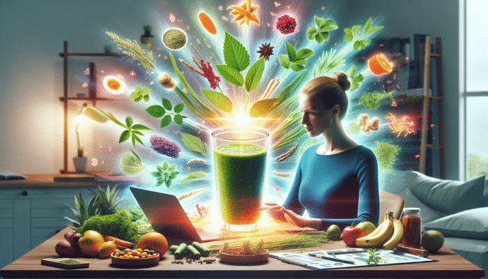 A vibrant herbal smoothie with ginseng and ashwagandha boosts energy for a person working at a desk.