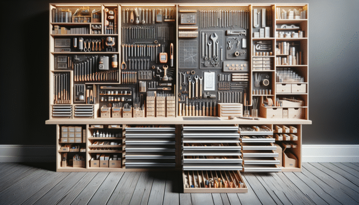 A meticulously organised workshop featuring neatly sorted tools on labelled shelves and drawers, exemplifying effective tool organisation.