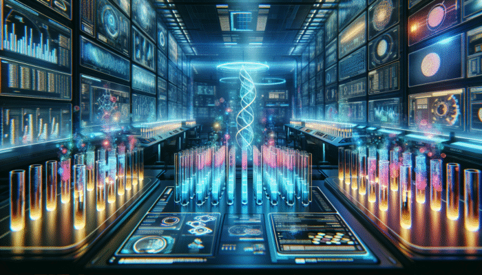 A state-of-the-art laboratory featuring illuminated test tubes and digital displays showing protein absorption data.