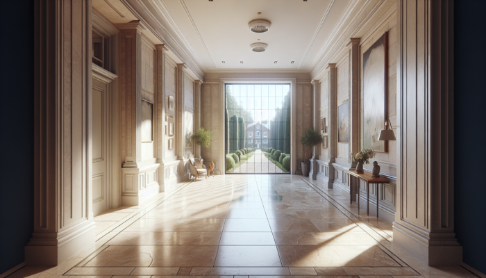 Sturdy travertine tiles featured in a luxurious hallway of a UK home, demonstrating natural stone texture and lasting beauty.