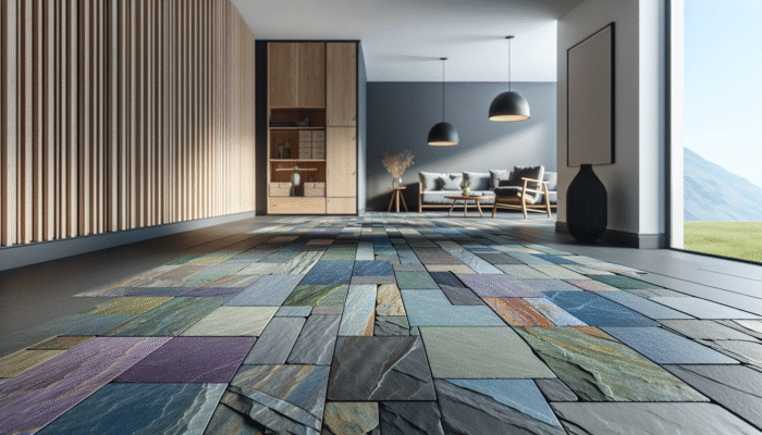 Slate Floor Maintenance: Welsh slate flooring in a modern UK home, showcasing a vibrant array of deep blues, purples, greens, and greys.