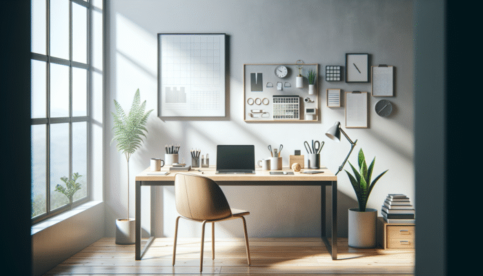 A well-organised minimalist desk with laptop, plant, and office supplies in a bright, airy room with large windows.