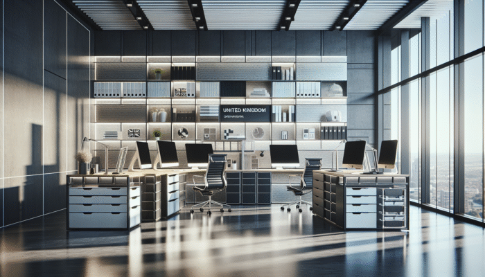 Modern UK office featuring multifunctional furniture, vertical shelving, and digital screens for reduced clutter.