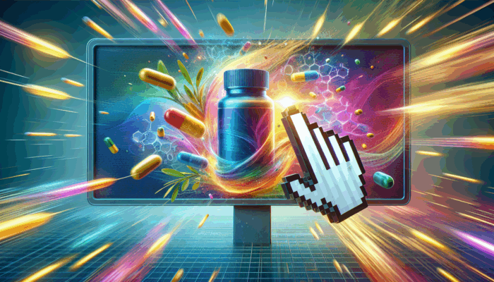 Exploring PPC in Supplement Marketing: A visual representation of a digital billboard showcasing supplement advertisements, with a cursor clicking on a health product, and search engine results in the background.