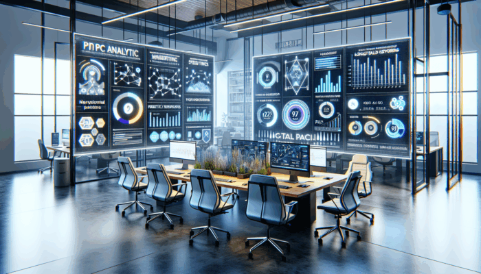 A modern digital marketing workspace displaying PPC analytics and keyword research tools on screens in a contemporary office.