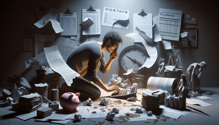 Understanding the Effects of Debt Consolidation on Future Loans: Impact Explained | DCL A person in a dimly lit room, surrounded by financial documents, anxiously calculating extended debt repayment on a calculator, with a calendar displaying prolonged dates.