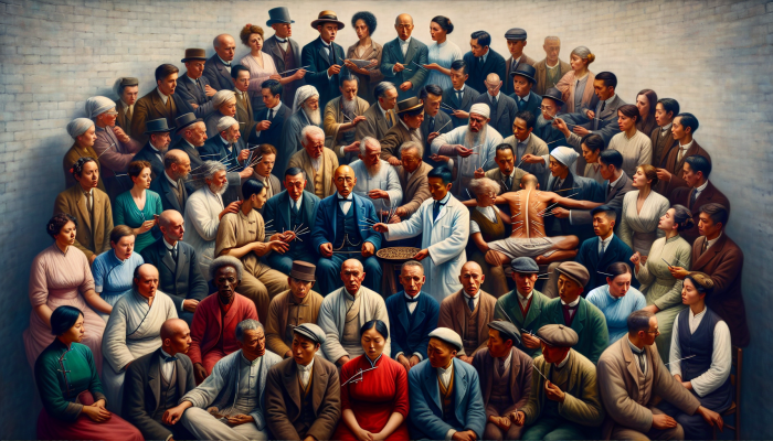 Early 20th-century British individuals interacting with an acupuncturist, highlighting the blend of curiosity and skepticism towards this age-old Chinese practice.