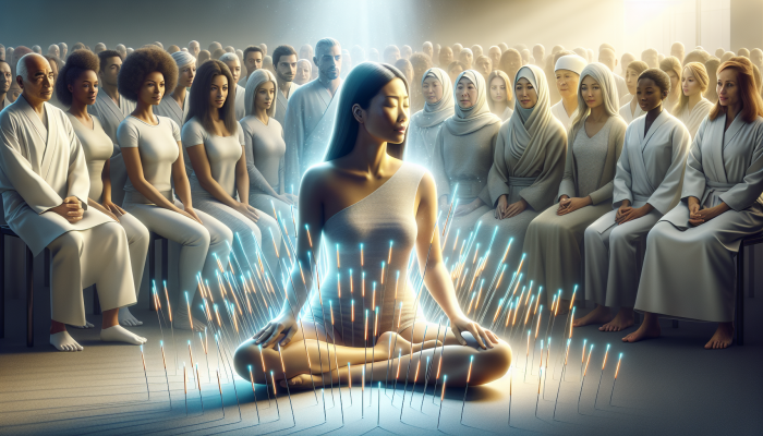 A calm Asian woman receiving acupuncture, surrounded by glowing needles, observed by a diverse audience.