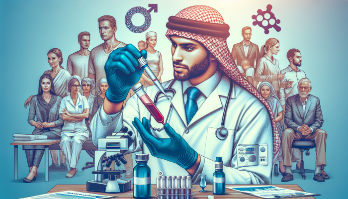 A busy Bicester clinic showcasing clear pricing, diverse patients, and a lab technician analyzing a male hormone blood test.