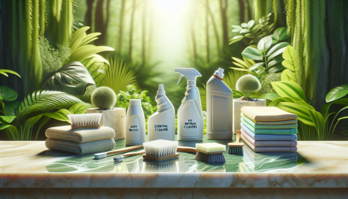 Essential travertine cleaning products arranged on a pristine surface with lush greenery in the background.