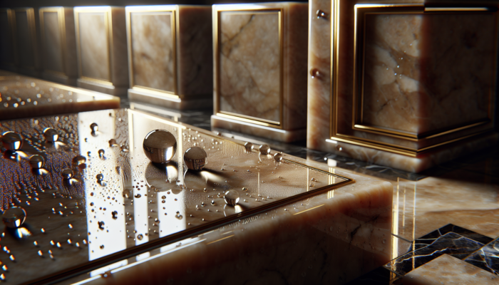 Shiny travertine tiles with water droplets in a stylish bathroom, highlighting sealant protection.
