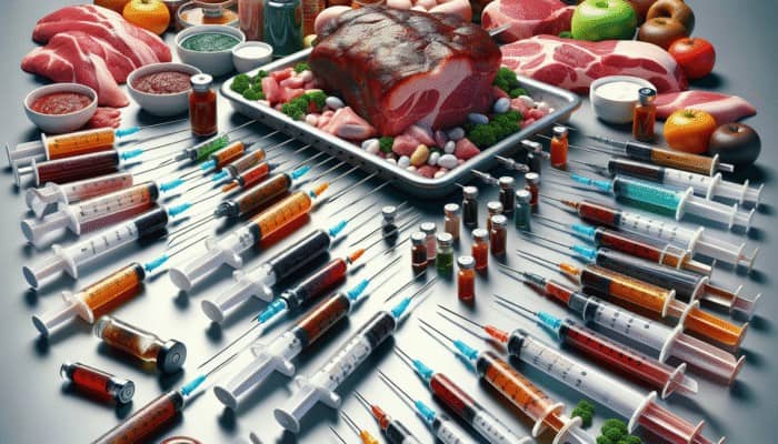 In-depth view of BBQ marinade injectors, highlighting syringe and multi-needle types with rich marinades and sizable cuts of meat.