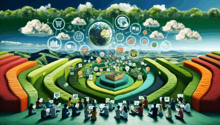 Infographic showcasing sustainable living trends, zero-waste tips, and eco-friendly product reviews, featuring diverse consumers engaged with digital devices.