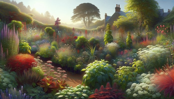 A UK herb garden showcasing herbs thriving or struggling under varying sunlight levels.