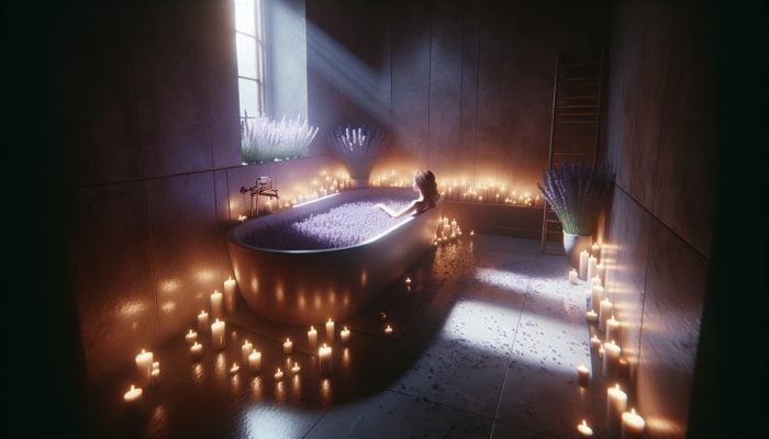 A person enjoying a relaxing lavender-scented bath surrounded by candles, enhancing mental tranquility and anxiety relief.