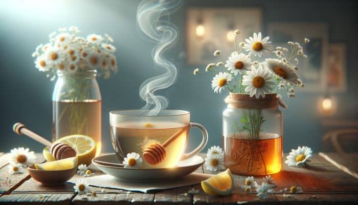 A calming cup of chamomile tea adorned with floating flowers, steam, honey, and lemon on a cozy wooden table.
