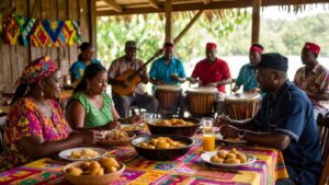 A group of individuals seated at a table filled with various Garifuna food and drinks, while musicians in colorful outfits perform with drums and guitars. The scene encapsulates the lively essence of Garifuna culture in an outdoor setting adorned with vibrant tablecloths.