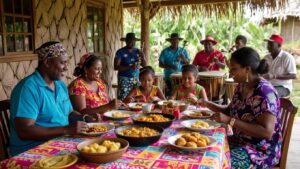 A family gathered around a brightly colored table outdoors in Belize, enjoying Garifuna food together. In the background, musicians play drums and other instruments under a thatched roof, reflecting the vibrant Garifuna culture. Everyone appears relaxed and joyful.