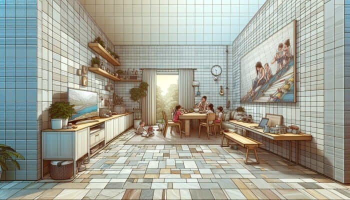 Durable ceramic tiles designed for busy family homes, resistant to scratches, stains, and moisture.