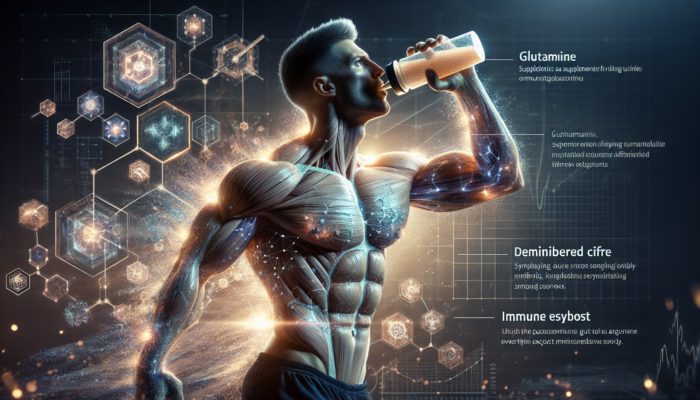 Research on Glutamine Recovery: An athlete drinking a glutamine supplement, surrounded by a recovery aura, with glowing muscles and a robust immune shield.