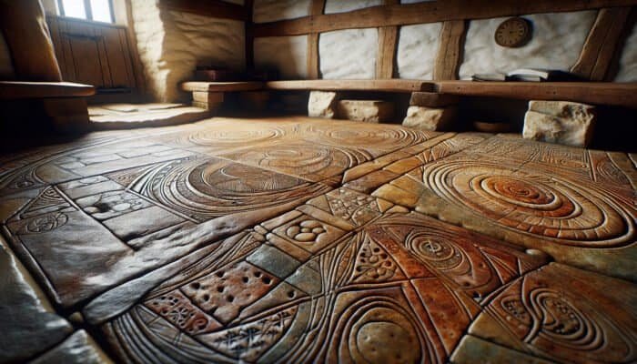 Restored heritage sandstone floor in a UK cottage, showcasing intricate patterns and earthy tones, reflecting centuries of craftsmanship and local identity.