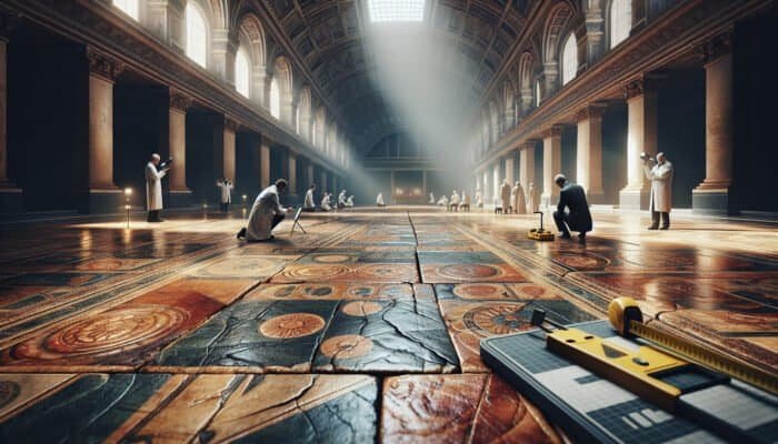 Detailed inspection of historic sandstone floors revealing cracks and wear, with experts utilizing tools in a grand hall.