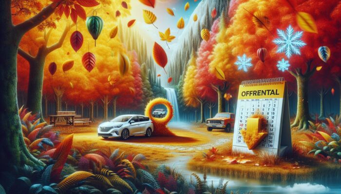 A peaceful autumn landscape with a car rental office, colorful falling leaves, and a calendar highlighting off-peak seasons.