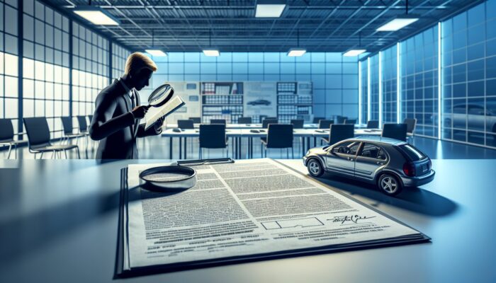 Individual examining rental contract with a magnifying glass, focusing on vehicle condition, fuel policy, and additional fees.