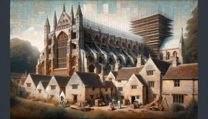 Detailed view of Westminster Abbey and Cotswold cottages, showcasing textured limestone facades with restorers at work.