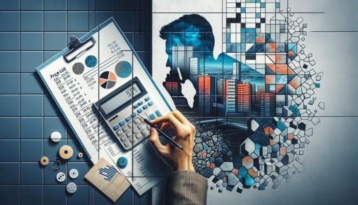 Person calculating costs with calculator amidst damaged and new ceramic tiles, with West End view.