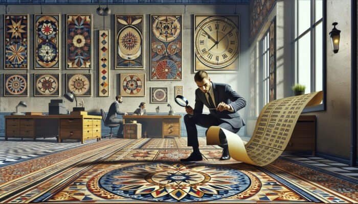 A person using a magnifying glass to examine a contract, surrounded by intricate tiles and a clock, in a busy office with fee charts.