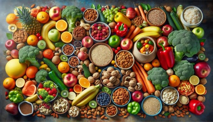 A vibrant array of fruits, vegetables, nuts, and whole grains, representing a balanced diet for longevity and mental wellness in the UK.