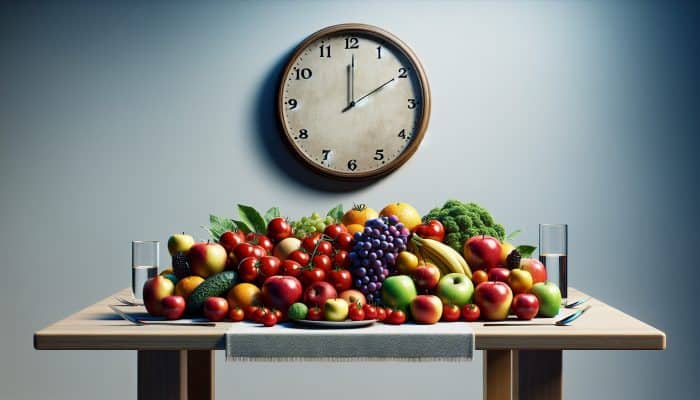 A serene table with fresh fruits and vegetables, symbolising regular meal times for health and wellness.