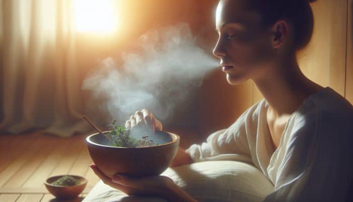 Individual inhaling steam from a bowl infused with eucalyptus and peppermint, enveloped in a warm mist to promote respiratory health.