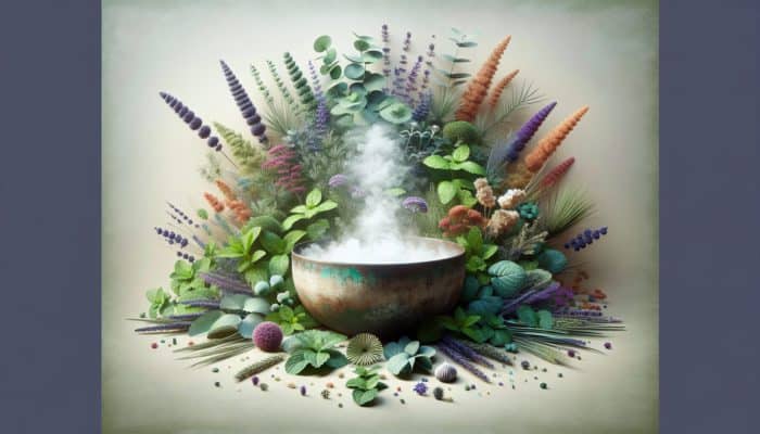 A peaceful spa setup featuring eucalyptus, mint, and lavender surrounding a steaming bowl for inhalation.